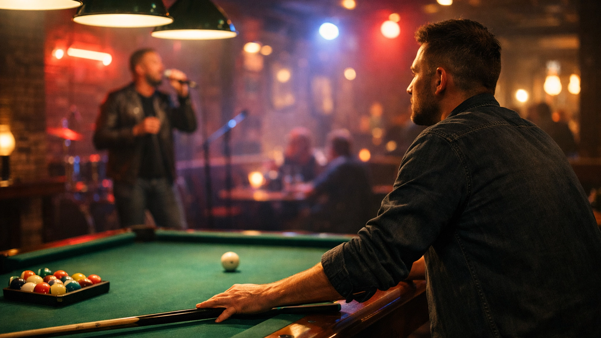 Игрок в бильярд смотрит на сцену караоке в клубе 033