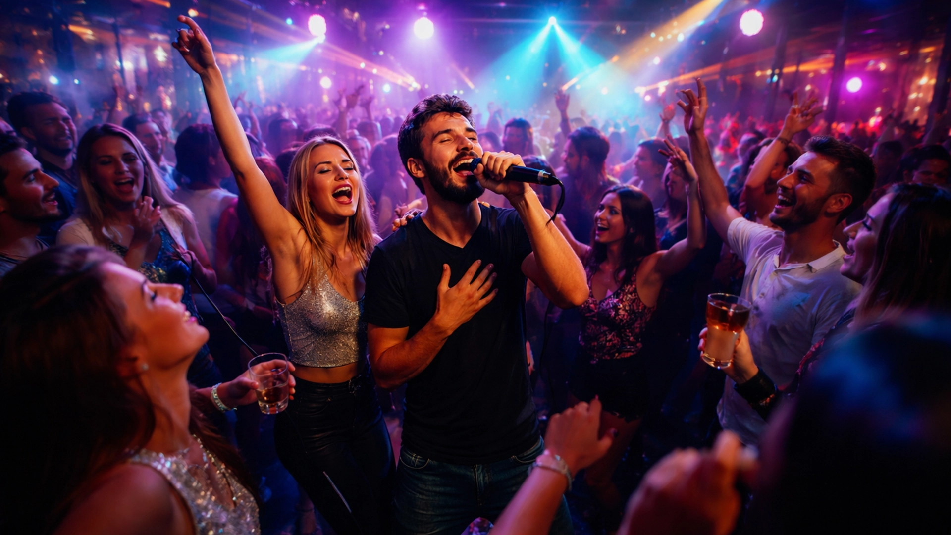 Толпа гостей поёт и танцует в караоке клубе 033 ночью