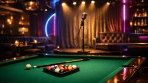 Игрок готовится к удару в бильярде на фоне сцены караоке 033