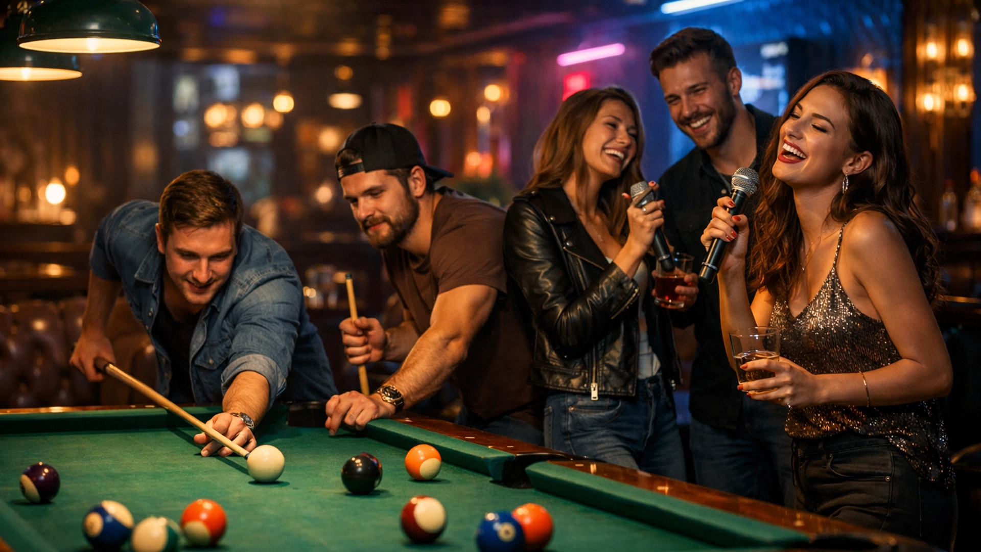 Компания друзей играет в бильярд и поёт в караоке в клубе 033