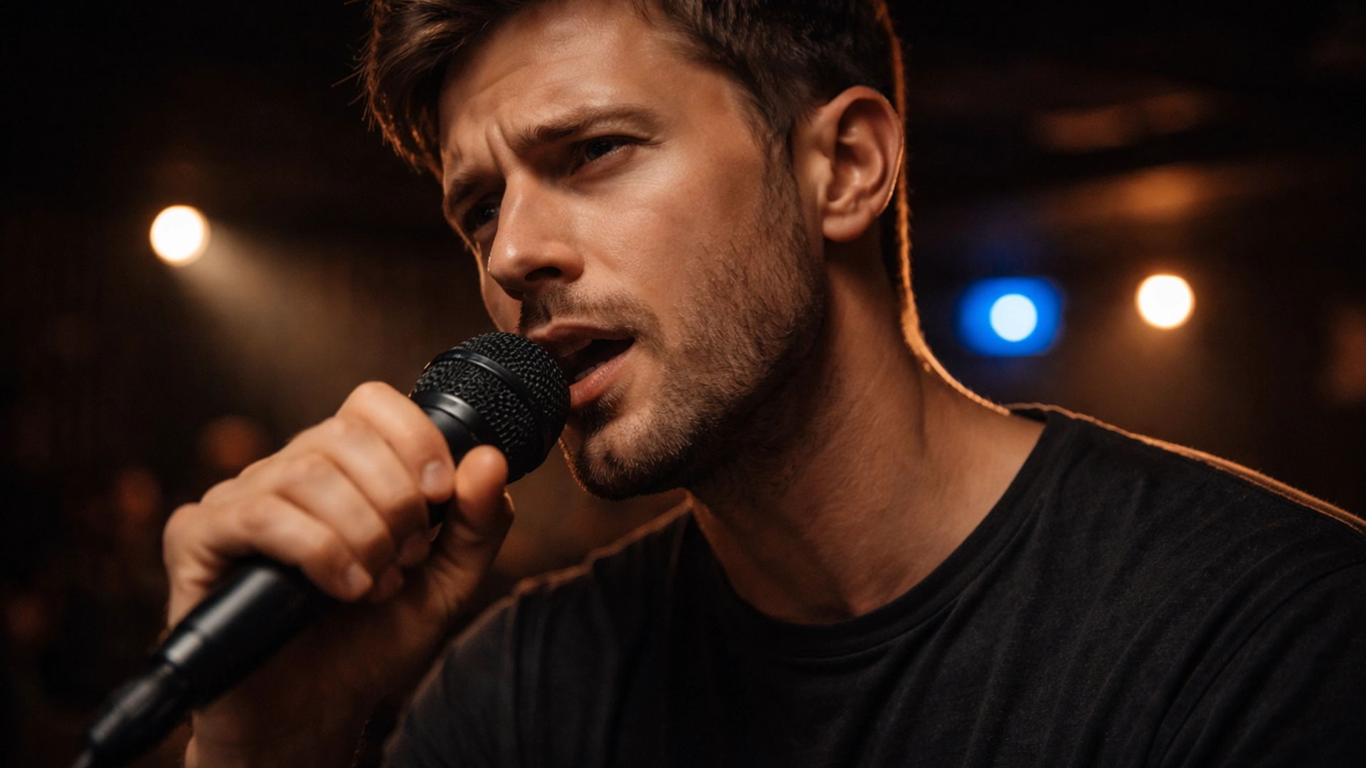 Человек поёт в микрофон без эффектов в караоке 033