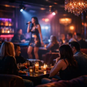 Вечерняя атмосфера караоке клуба с гостями