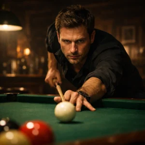 Игрок прицеливается перед ударом в бильярде